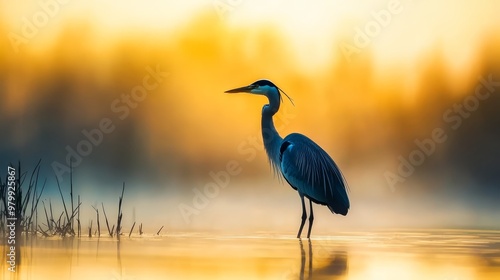  A large blue bird stands by a body of water during sunset, with trees in the background