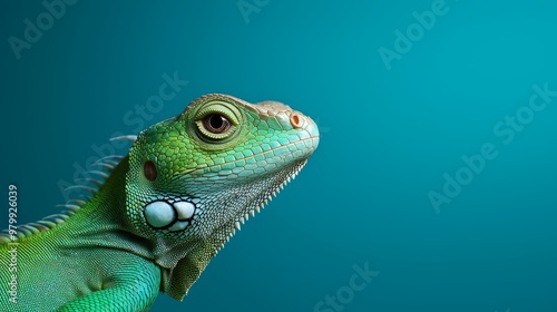  A tight shot of a green iguana against a blue backdrop, displaying a white mark on its visage