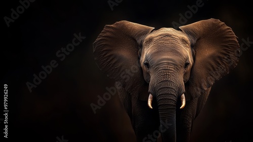  A tight shot of an elephant's face and tusks, set against a black backdrop, revealing merely the tusks