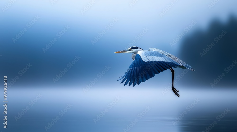 Fototapeta premium A bird flies over mirrored water, wings outspread; its reflection beneath