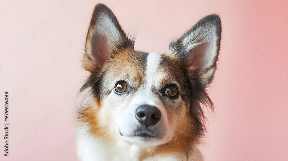 A close-up portrait of a Norrbottenspets dog with its ears perked up, emphasizing its intelligent eyes against a soft pastel background