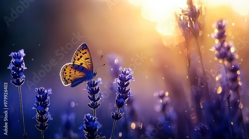  A butterfly flies above a field of purple flowers as the sun shines through the clouds behind
