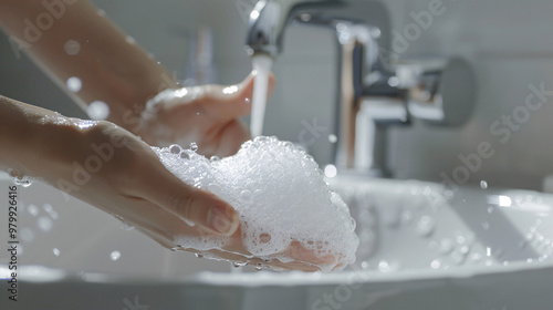 A close-up image of hands thoroughly washed under running water with foamy soap emphasises hygiene and health.  photo