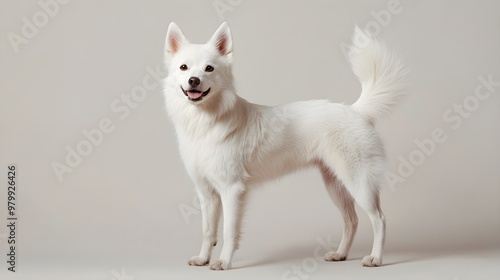 A Norrbottenspets dog standing proudly on a light solid color background, showcasing its unique coat pattern and alert expression photo