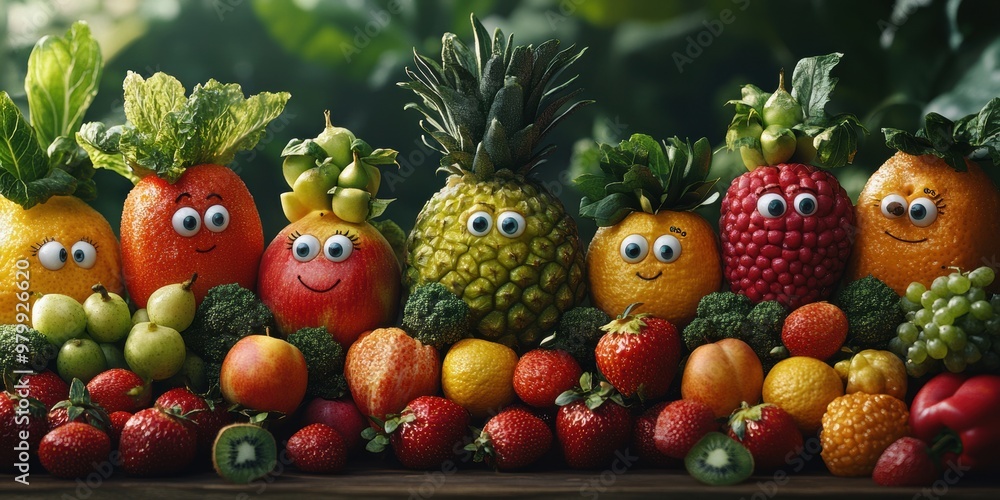 Explore a vibrant cityscape where vegetables and fruits are alive with charm and character Explore a vibrant cityscape where vegetables and fruits are alive with charm and character