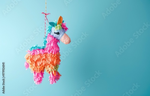 Colorful background with space for text featuring a piñata shaped like a llama photo