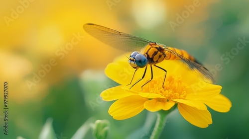  A tight shot of a yellow flower with a fly perched atop its back legs photo