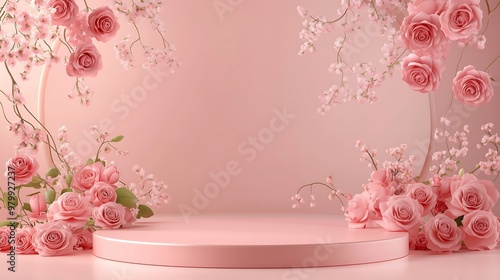 Minimalist pink floral stage decor with roses and delicate branches photo