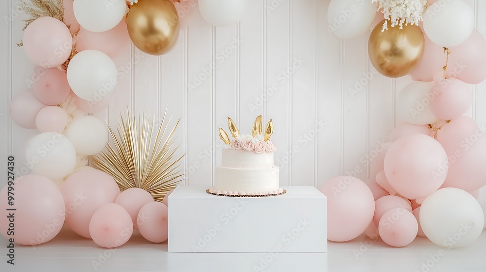 Elegant birthday cake with pink and gold balloons background decor Elegant birthday cake with pink and gold balloons background decor
