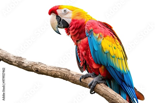 Colorful macaw parrot happily perched on a branch