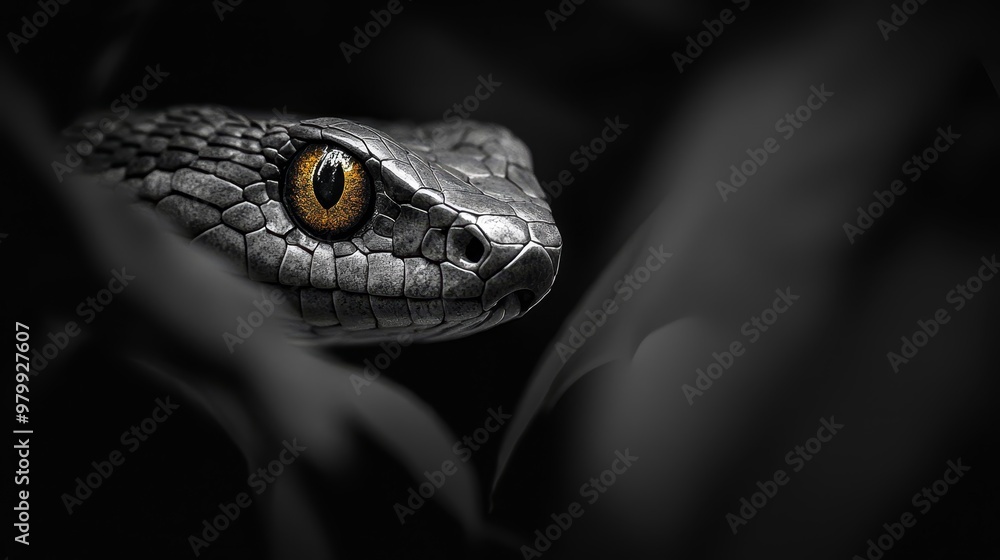 A tight shot of a snake's head with a yellow iris centered within A tight shot of a snake's head with a yellow iris centered within