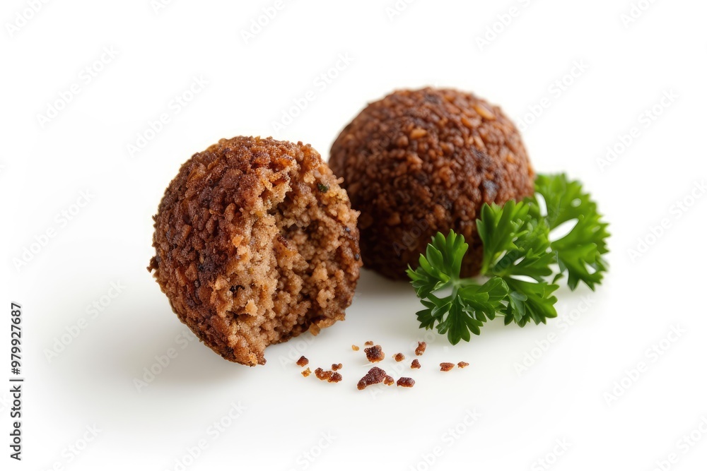 Closeup of whole and half falafel on white background Closeup of whole and half falafel on white background