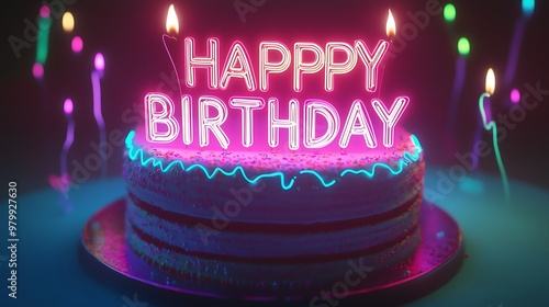 Neon-Lit Happy Birthday Cake with Glowing Candles at Party photo