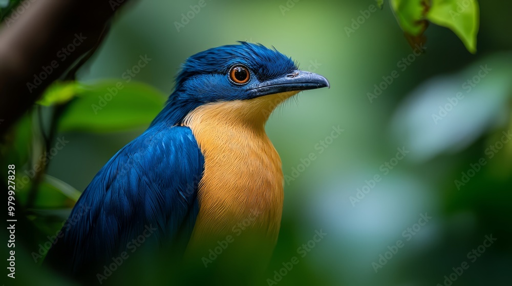 A tight shot of a blue-and-yellow bird perched on a branch against softly blurred trees and foliage A tight shot of a blue-and-yellow bird perched on a branch against softly blurred trees and foliage