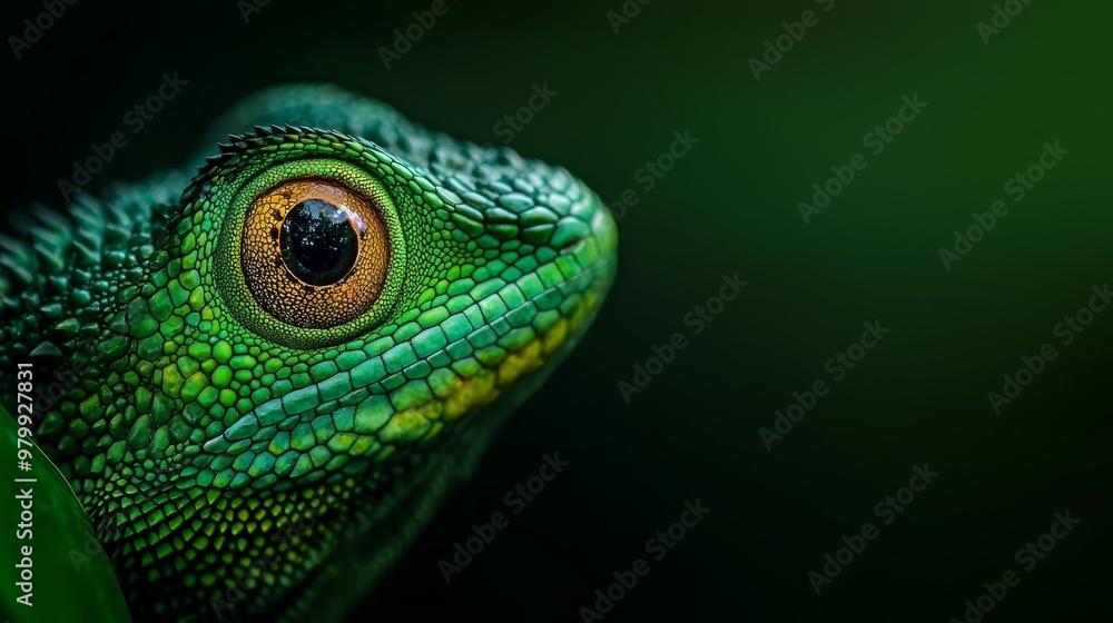 Fototapeta premium A tight shot of a green lizard eye, surrounded by a foreground leaf and a backdrop of darkness