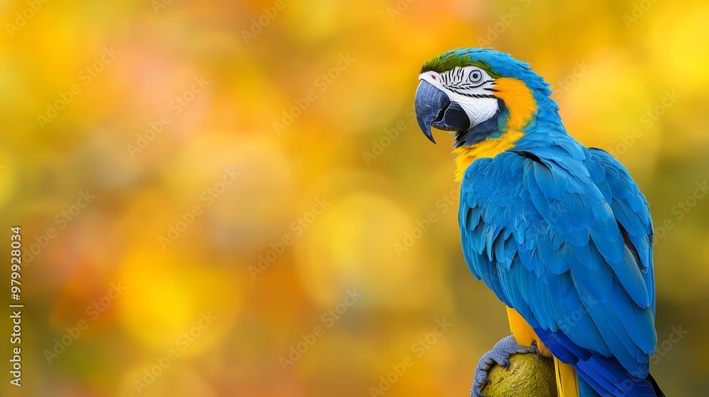 Fototapeta premium A parrot, colored blue and yellow, perches on a tree branch against a backdrop of a blurred yellow and orange scene