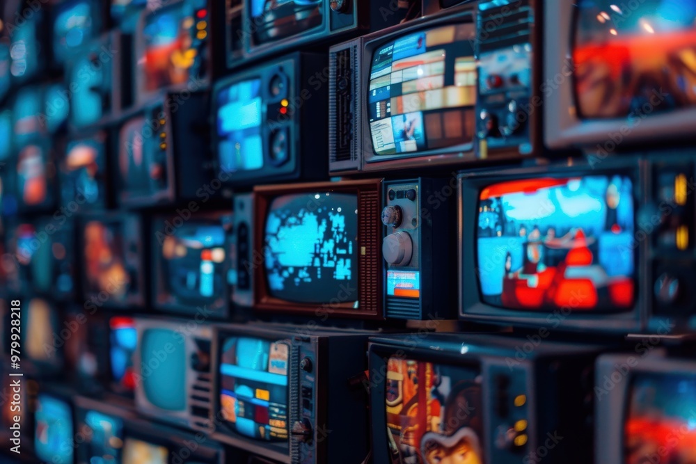 A row of televisions with a variety of images on them, generative ai image A row of televisions with a variety of images on them, generative ai image