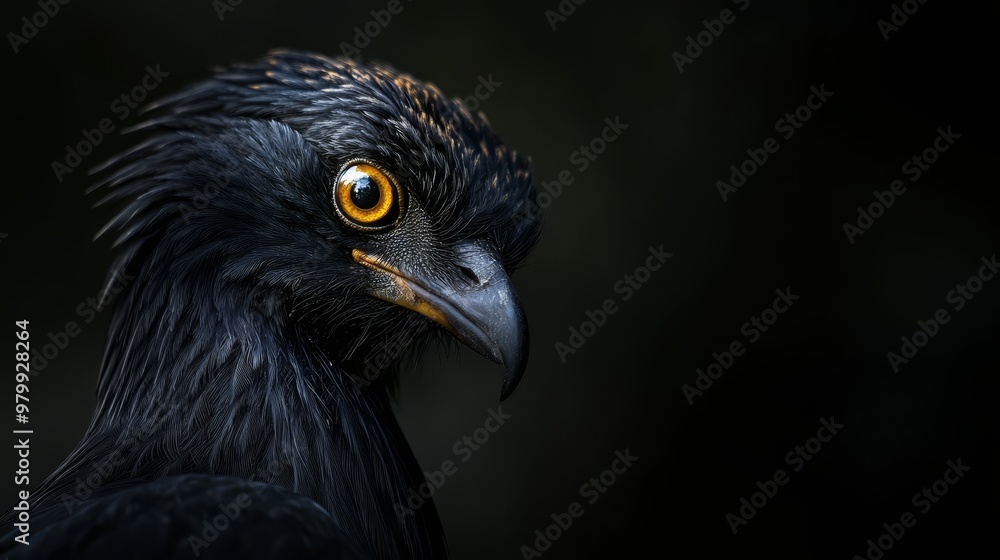 A tight shot of a black bird with a yellow-eyed companion perched atop its head against a dark backdrop A tight shot of a black bird with a yellow-eyed companion perched atop its head against a dark backdrop