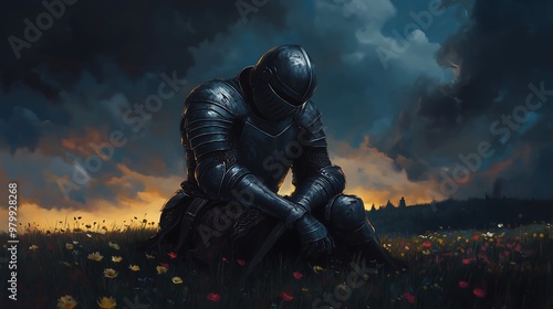 Knight in Black Armor Sitting on Flower-Covered Field at Dusk photo