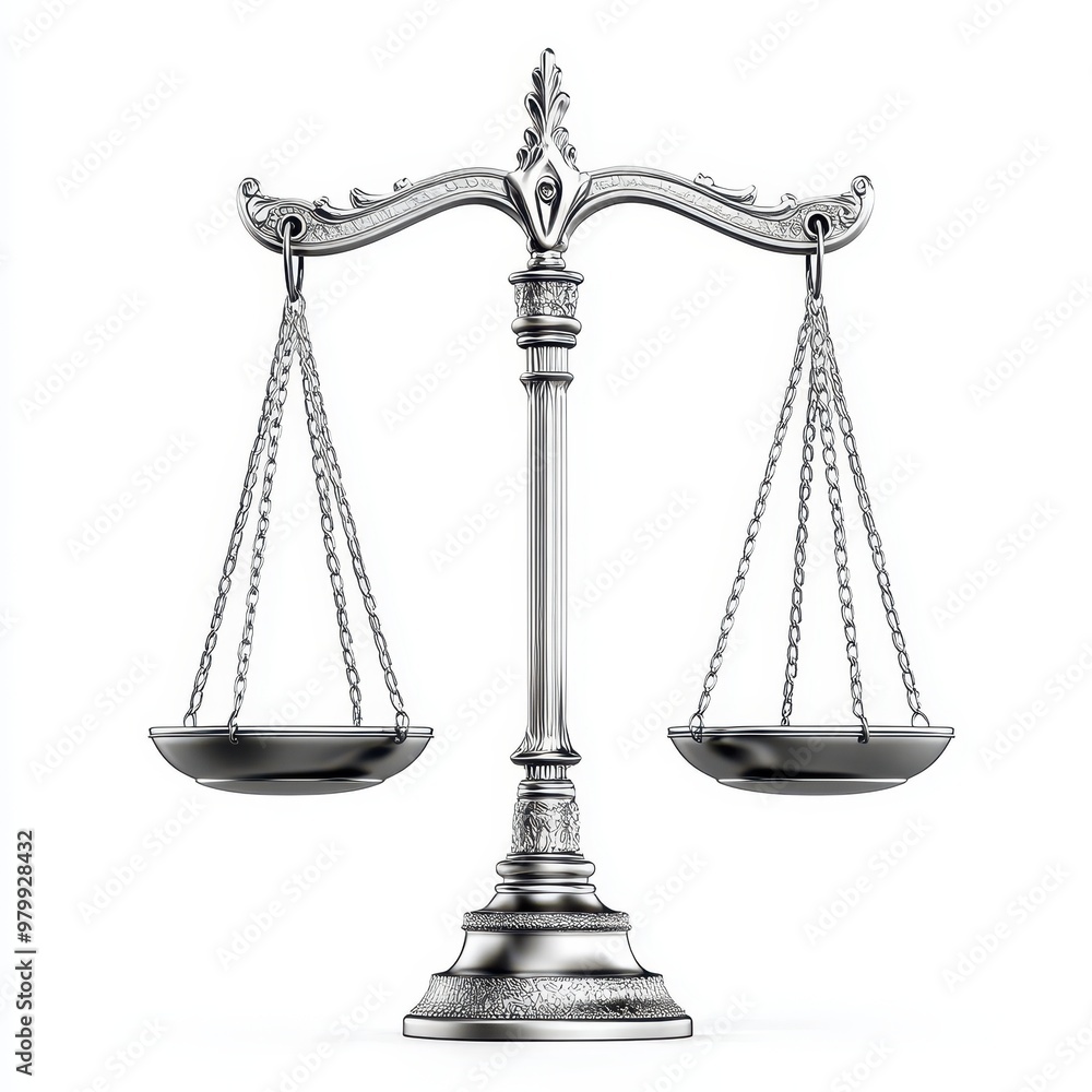 A classic silver balance scale representing justice and fairness, ideal for law or legal concepts in design, white background A classic silver balance scale representing justice and fairness, ideal for law or legal concepts in design, white background