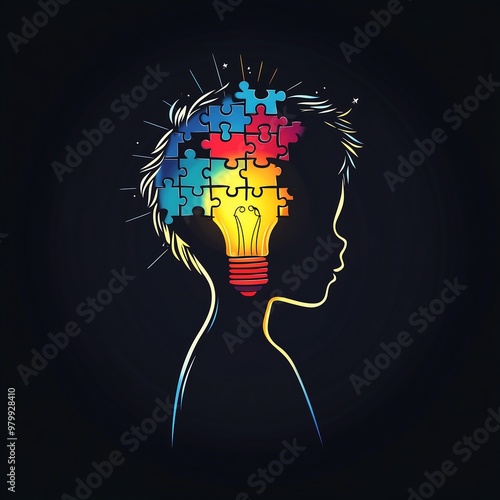 Colorful Puzzle Pieces Forming Lightbulb in Child’s Head Silhouette photo