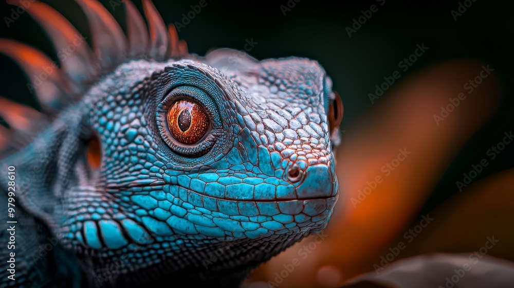 Fototapeta premium A tight shot of a lizard's face with accentuated highlights in orange and blue on its head and eyes