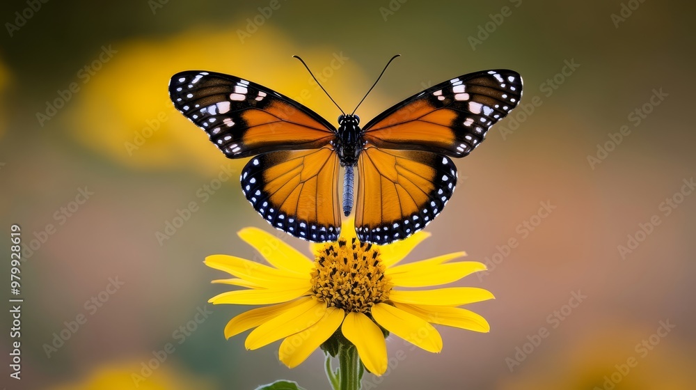 A tight shot of a butterfly atop a yellow flower against a softly blurred backdrop of yellow blooms A tight shot of a butterfly atop a yellow flower against a softly blurred backdrop of yellow blooms