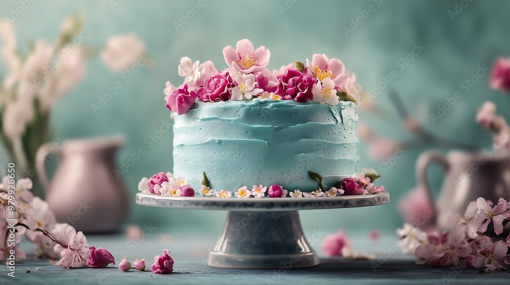 Elegant Blue Cake Decorated with Pink Flowers on Pedestal Elegant Blue Cake Decorated with Pink Flowers on Pedestal