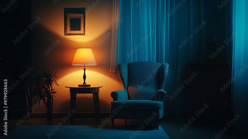A cozy living room with a lit lamp and a comfortable armchair. The room is dimly lit, creating a peaceful and inviting atmosphere. A cozy living room with a lit lamp and a comfortable armchair. The room is dimly lit, creating a peaceful and inviting atmosphere.