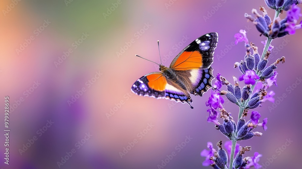 A tight shot of a butterfly perched on a purple-flowered plant against a softly blurred background A tight shot of a butterfly perched on a purple-flowered plant against a softly blurred background