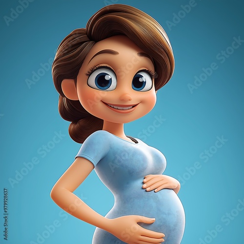 Cheerful Cartoon Pregnant Woman Holding Belly on Blue Background photo