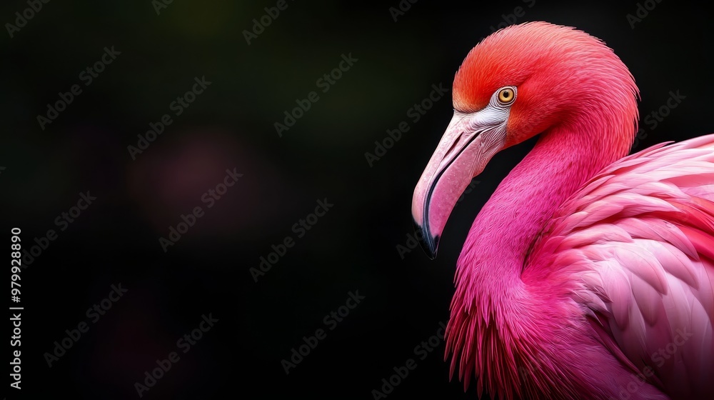 Obraz premium A pink flamingo, with its lengthy neck and curved bill, poses before a black backdrop