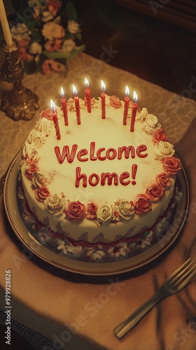 Welcome Home Cake with Lit Candles and Floral Decoration photo