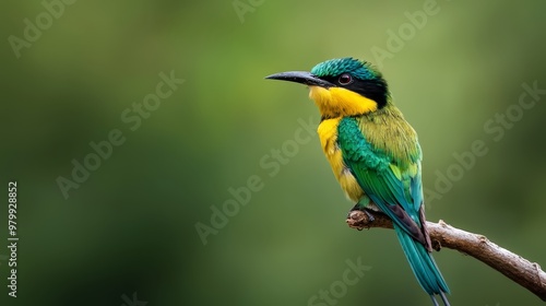  A vibrant bird perched on a branch against a softly blurred backdrop of trees