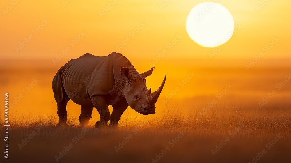 Obraz premium A rhinoceros stands in a field with the sun setting behind it, the foreground filled with the golden hue of the sky