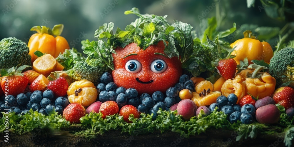 Explore a vibrant metropolis where fresh produce has faces and expressive personalities Explore a vibrant metropolis where fresh produce has faces and expressive personalities