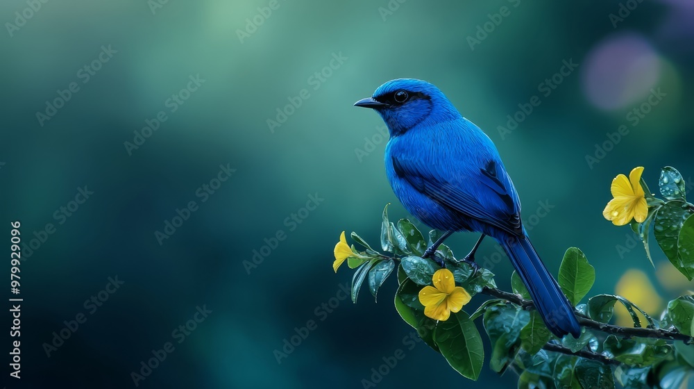 Blue bird perched on tree branch with yellow flowers nearby against softly blurred green backdrop Blue bird perched on tree branch with yellow flowers nearby against softly blurred green backdrop