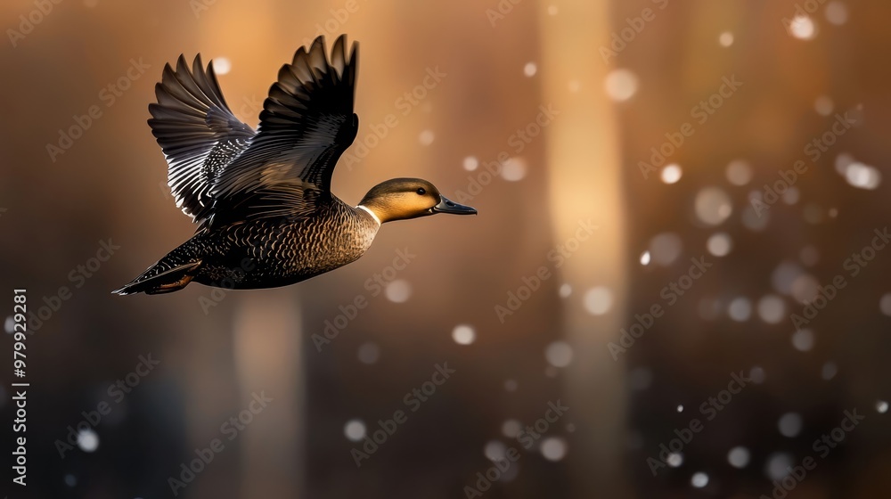 Φωτογραφία A painting of a duck in flight against a backdrop of snowfall, its wings catchi