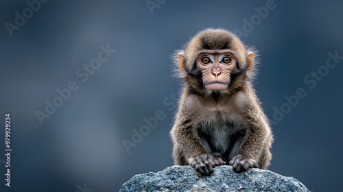  A monkey perched on a rock, hands resting atop its head, gazing at the camera