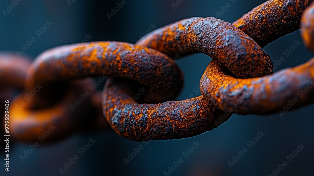 A tight shot of a rusted chain with indistinct metal links suspended from its core Background softly blurred A tight shot of a rusted chain with indistinct metal links suspended from its core Background softly blurred