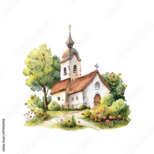 old church with nature lanscape vector illustration in watercolor style