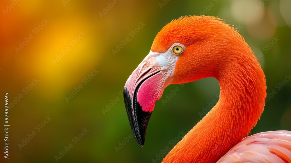 Fototapeta premium A tight shot of a flamingo's head and neck, surrounded by a soft, blurred backdrop of leaves