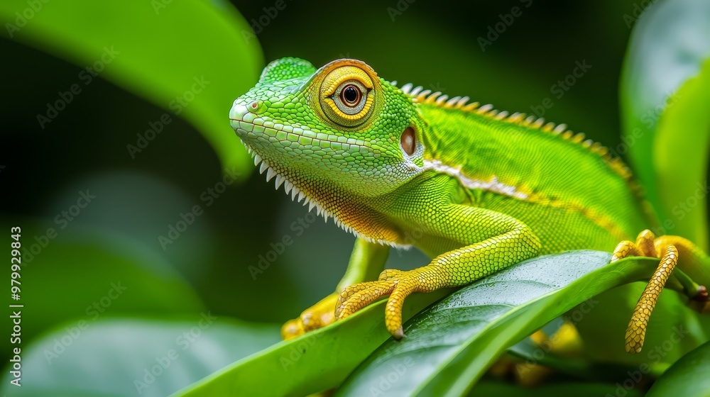 A tight shot of a green-and-yellow lizard perched on a branch adorned with green foliage Foreground displays lush, green leaves A tight shot of a green-and-yellow lizard perched on a branch adorned with green foliage Foreground displays lush, green leaves