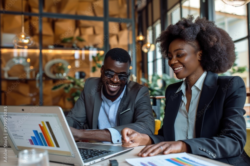 A man and a woman are sitting at a table looking at a laptop, generative ai image A man and a woman are sitting at a table looking at a laptop, generative ai image