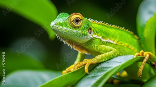  A tight shot of a green-and-yellow lizard perched on a branch adorned with green foliage Foreground displays lush, green leaves