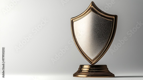 Golden Shield Trophy Standing Against Simple Background photo