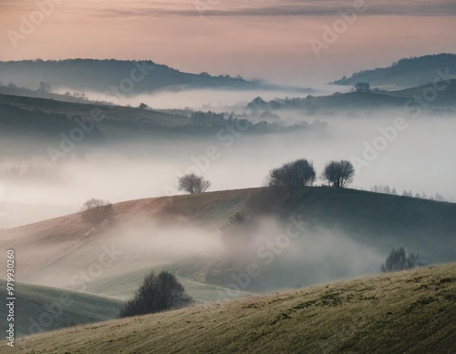 Fog Rolling Over Rolling Hills at Dawn, Creating a Mystical Atmosphere