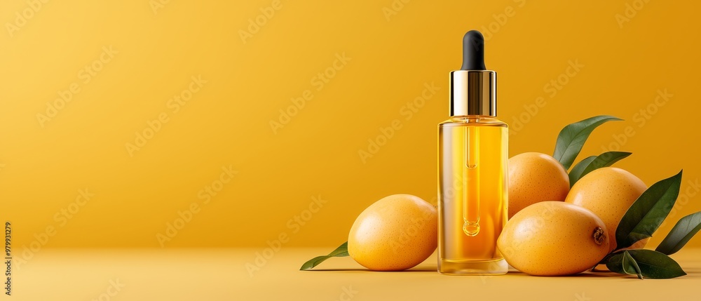 A bottle of oil on a yellow background next to two piles of oranges A bottle of oil on a yellow background next to two piles of oranges