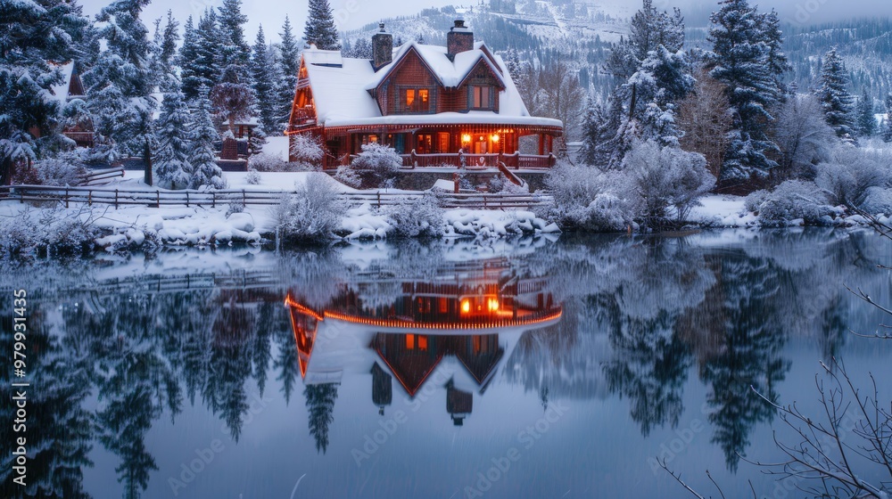 Snowy cabin with large windows, wooden terrace overlooking pine trees and a small stream Snowy cabin with large windows, wooden terrace overlooking pine trees and a small stream