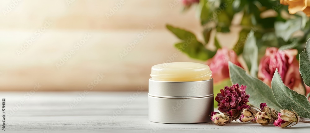 A white container atop a wooden table, nearby are a cluster of flowers and a vase filled with blooms A white container atop a wooden table, nearby are a cluster of flowers and a vase filled with blooms